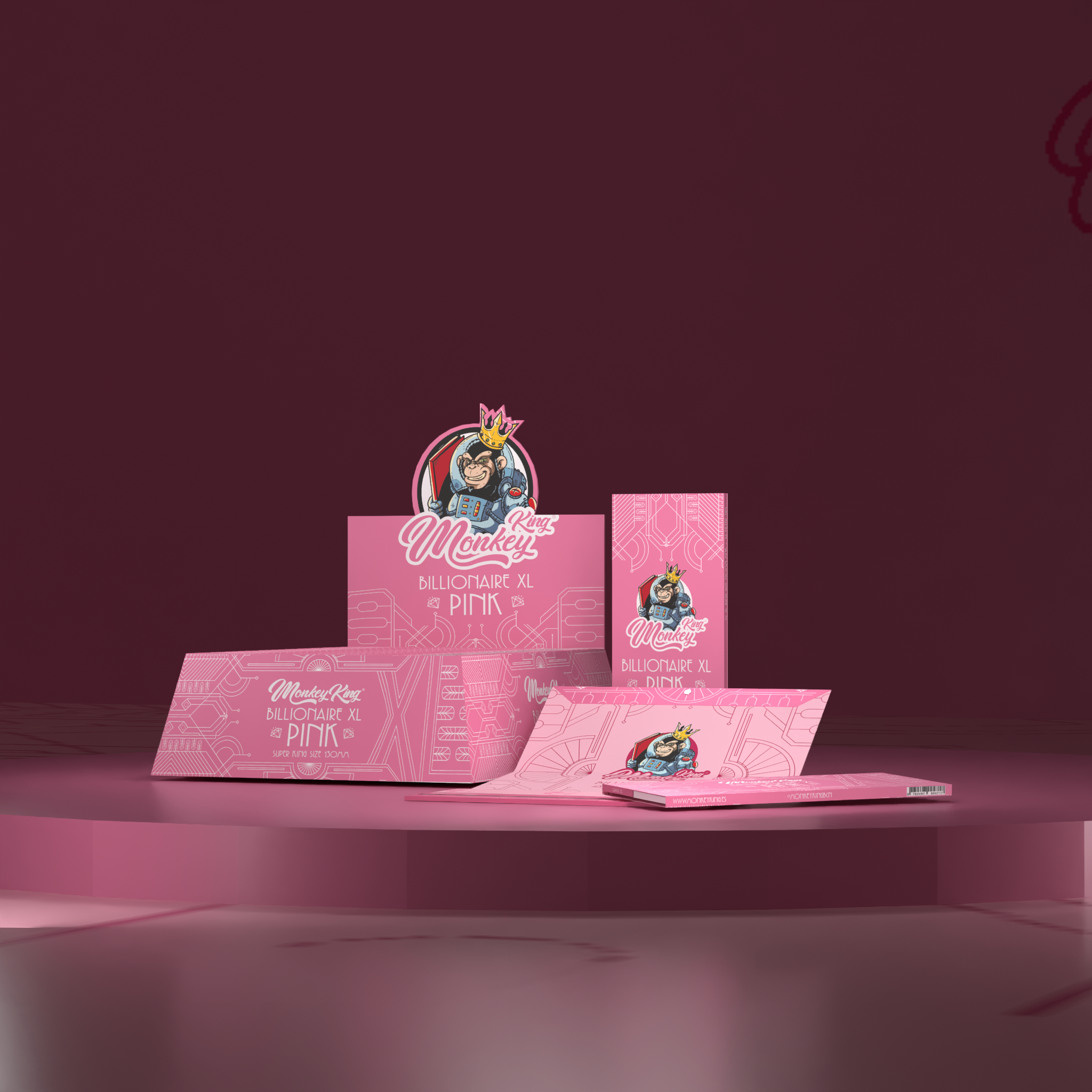 Monkey King Billionaire XL Pink booklets and display box on a pink stand