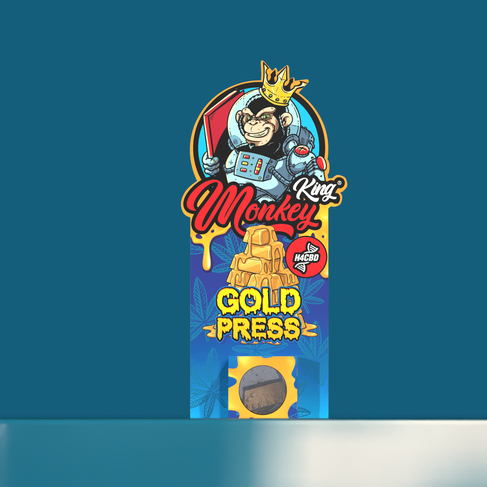 Gold Press H4CBD incense pack with golden block artwork on a teal backdrop