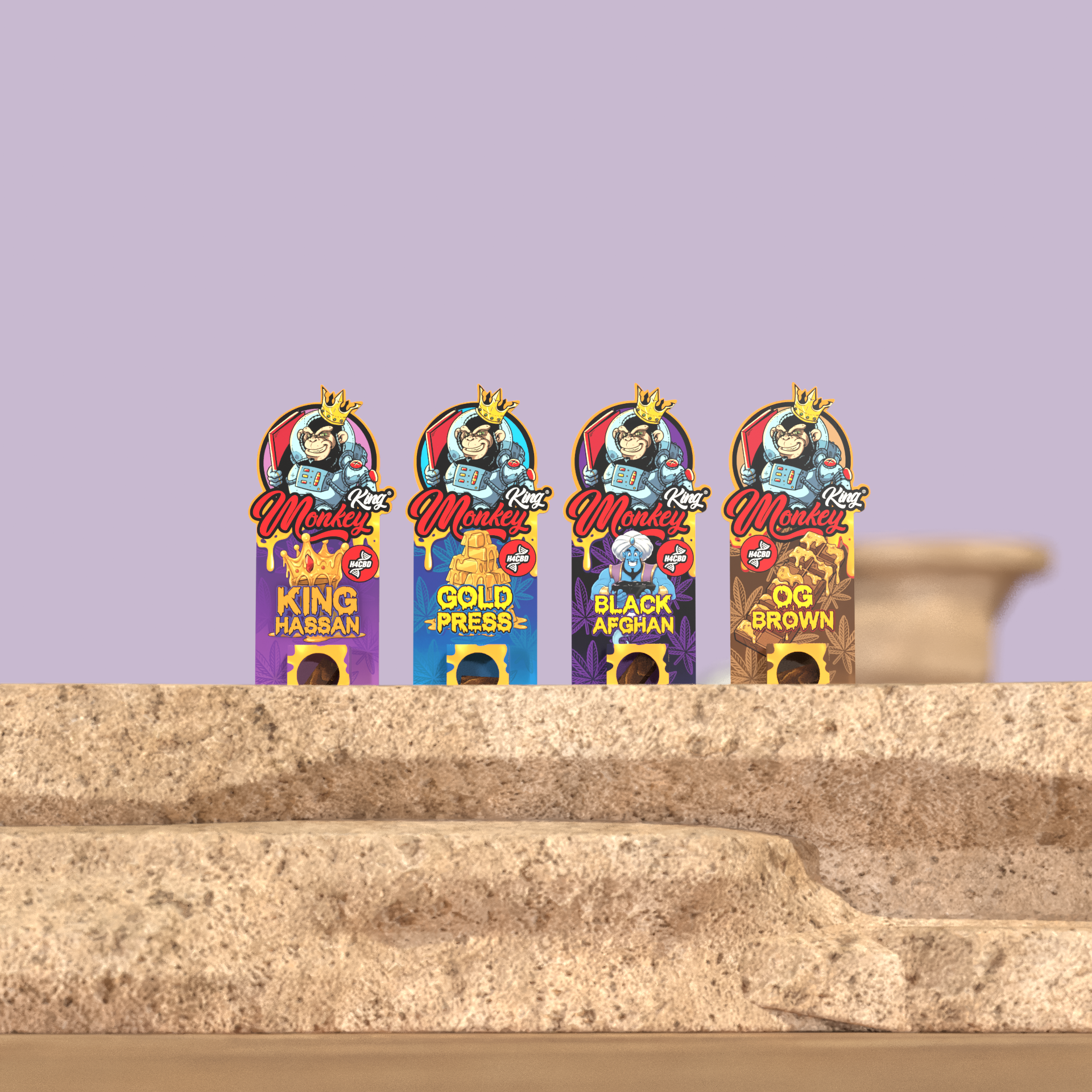 Monkey King H4CBD novelty incense line-up on a stone ledge with a lilac backdrop