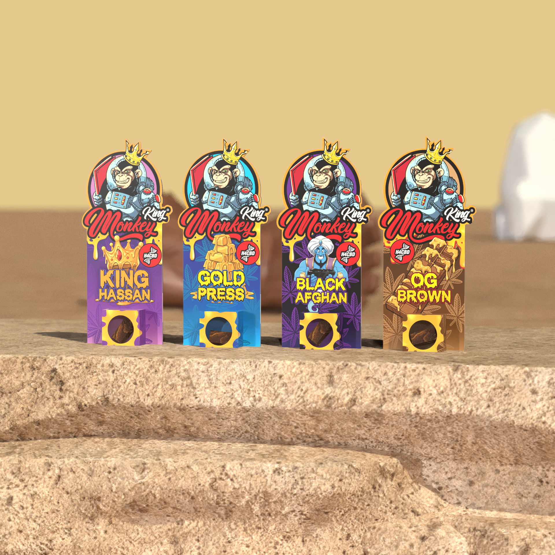 Row of four Monkey King incense packs on sandstone steps, OG Brown last in line