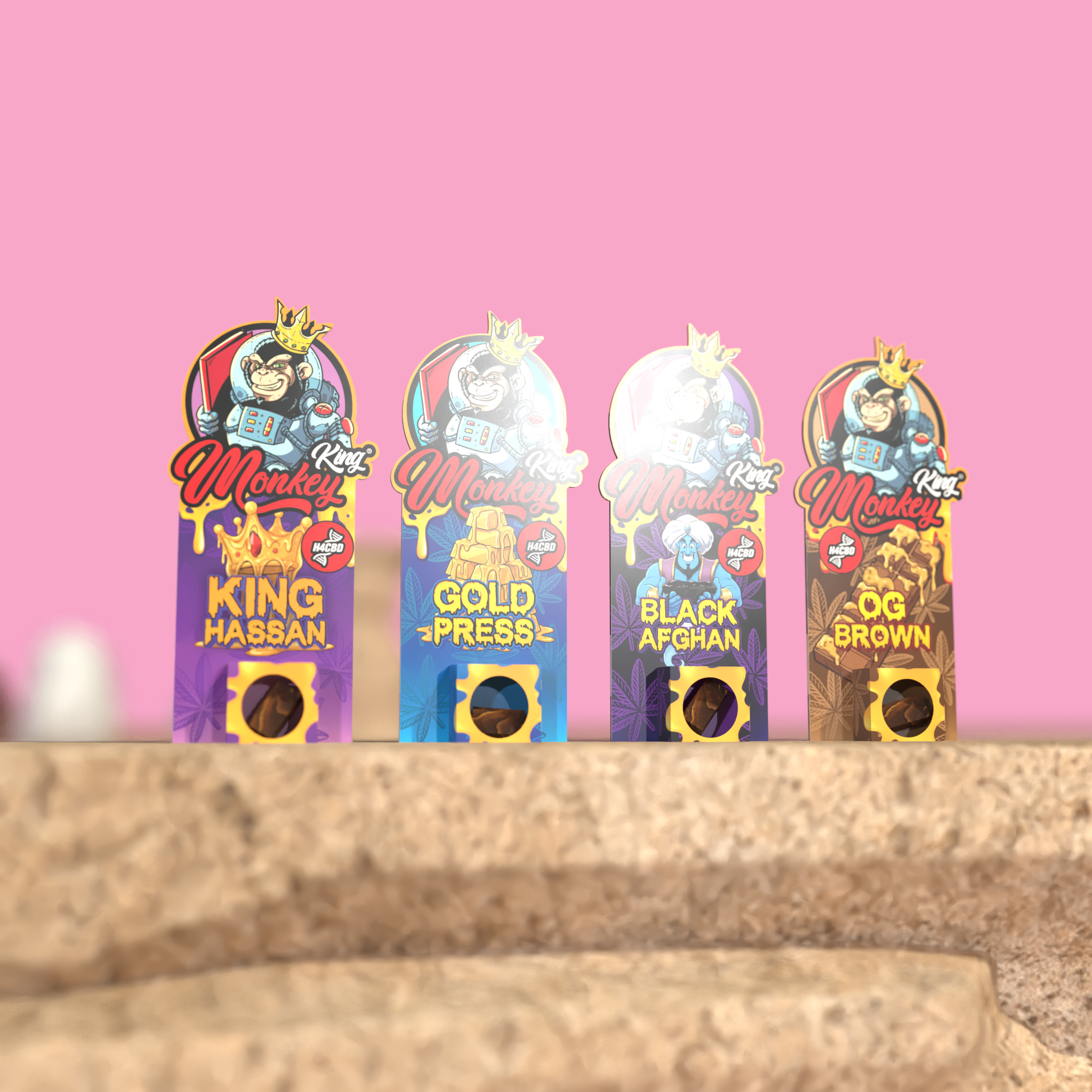Monkey King H4CBD incense range against pink, brown OG Brown pack far right