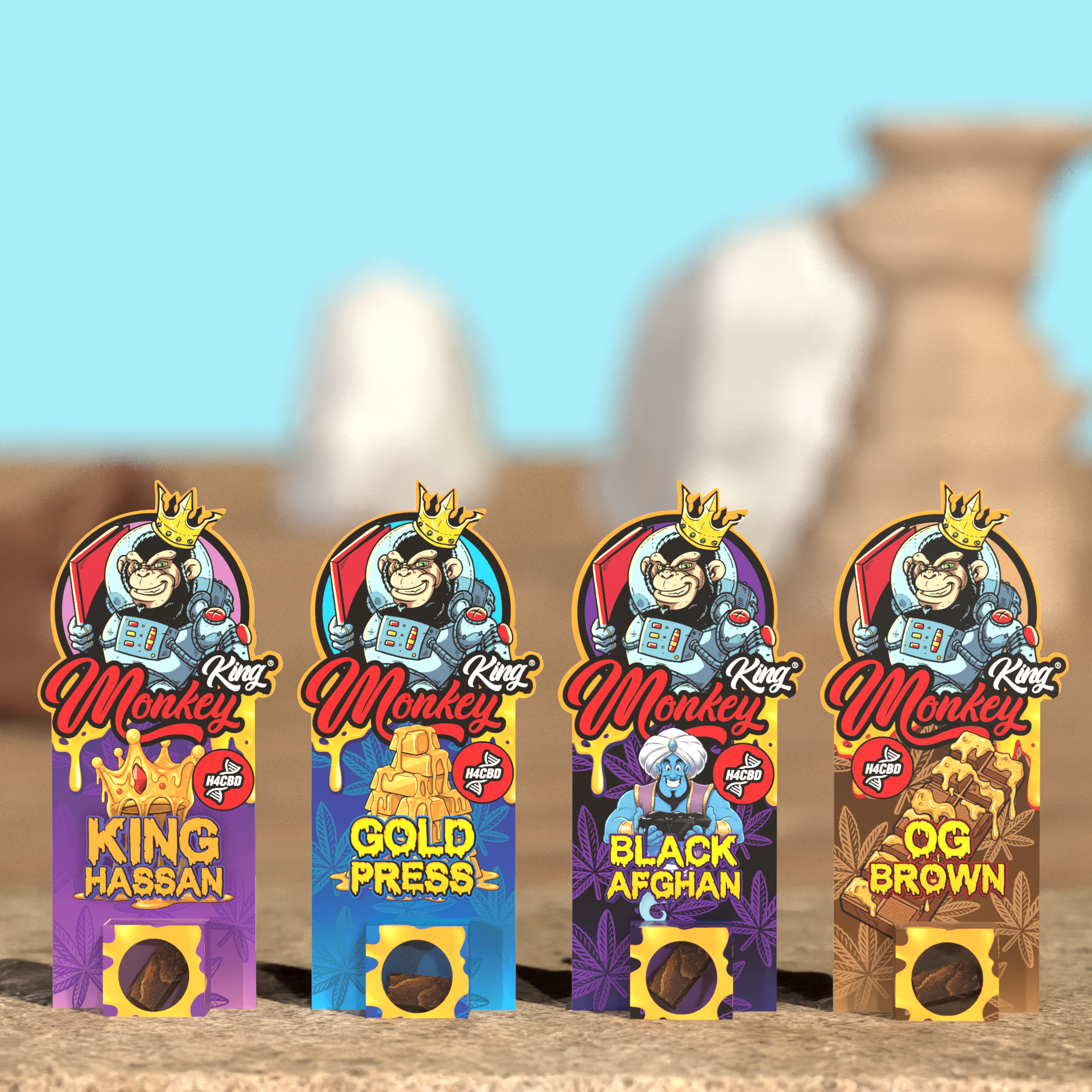 Gold Press and three other Monkey King H4CBD incense packs on desert rock