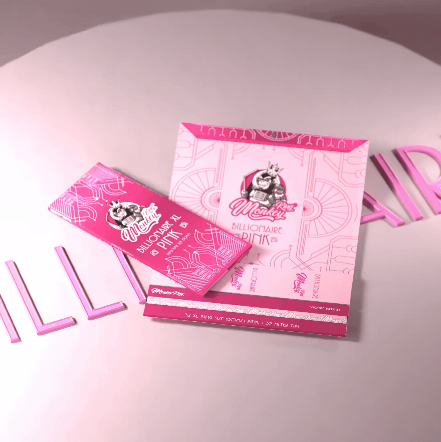Monkey King Billionaire Pink XL booklet, closed and open, 130mm papers and tips